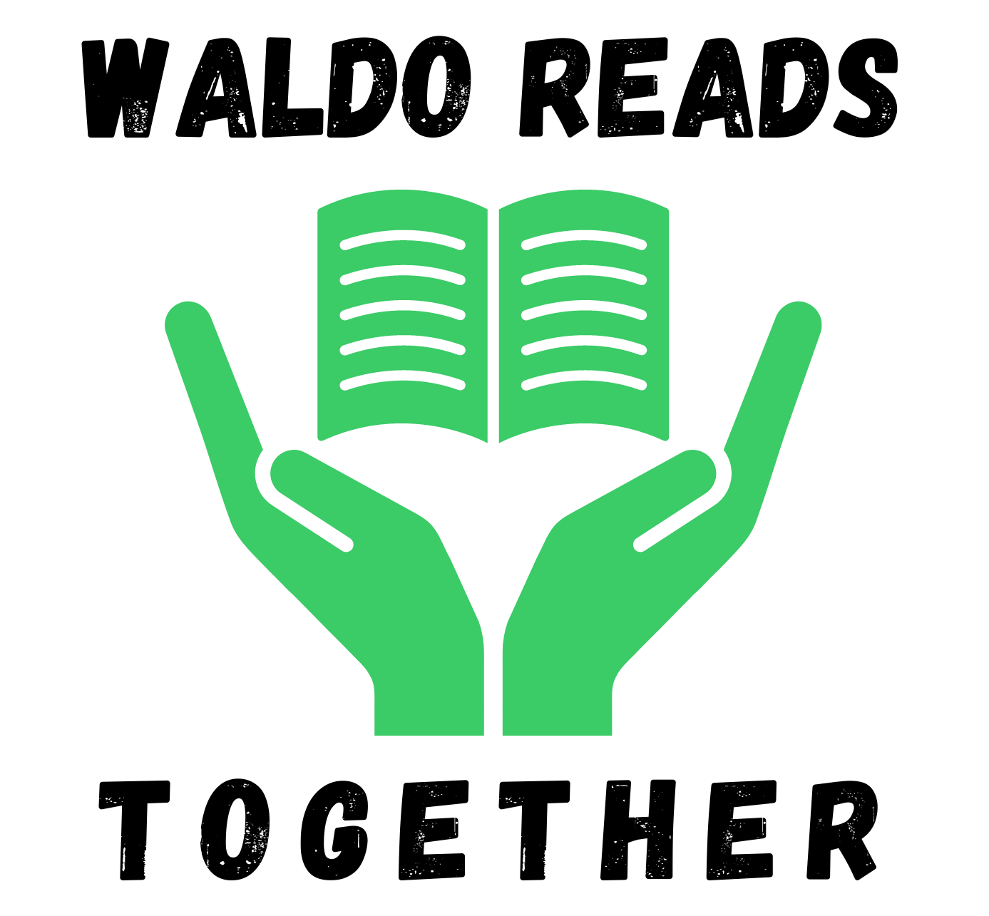 logo with black words reading "Waldo Reads Together" with green hands holding a book