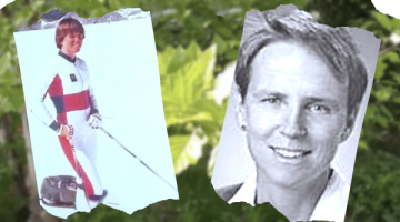 Photo collage with historic photo of cross country skiier and black and white portrait of person with short light colored hair in front of blurry green leaves