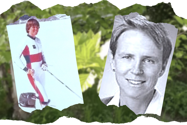 Photo collage with historic photo of cross country skiier and black and white portrait of person with short light colored hair in front of blurry green leaves